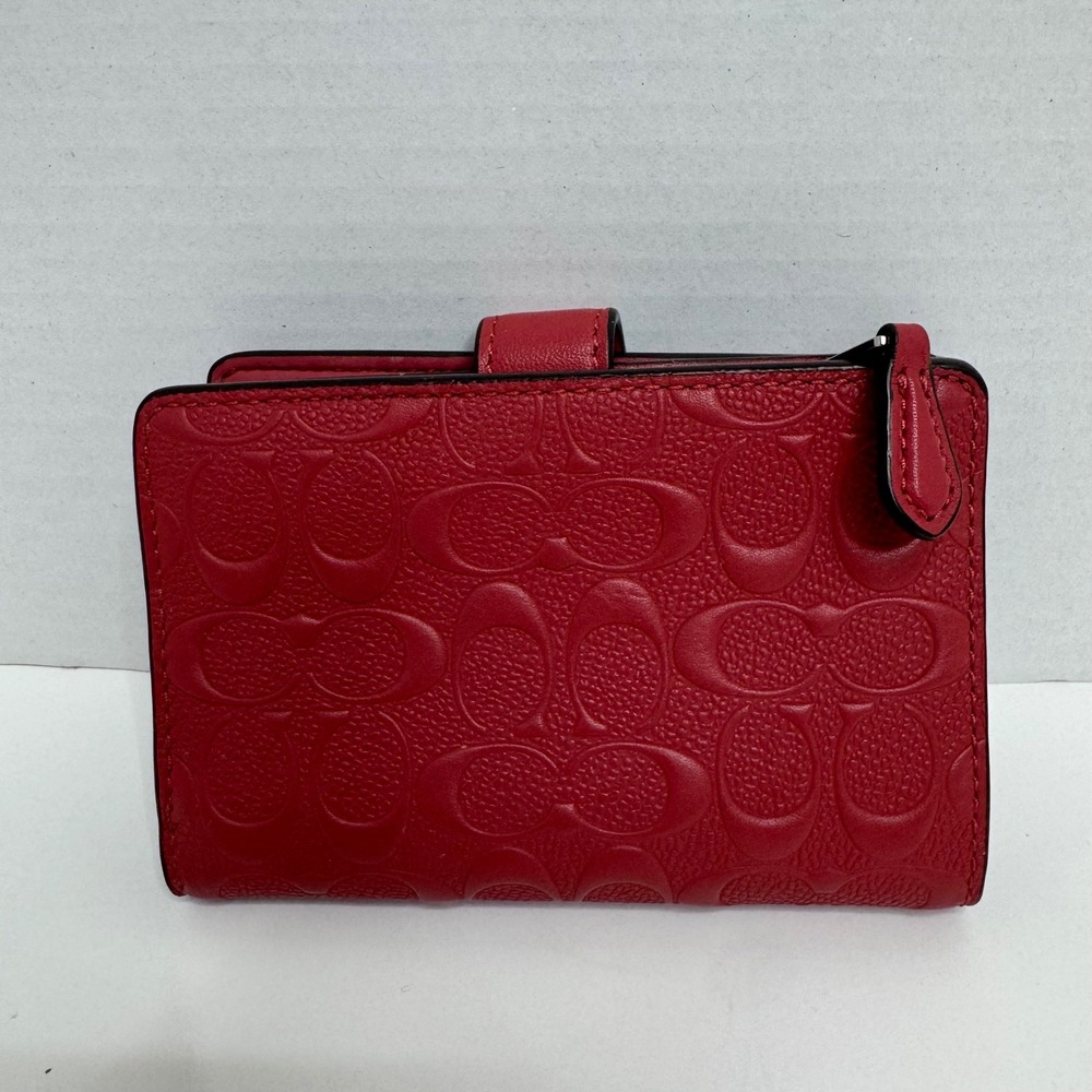 Coach Red Signature Embossed Pebble Leather Medium Corner Zip Bifold Wallet - Picture 4 of 11